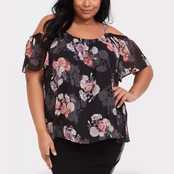 Torrid - Black Floral Lurex Cold Shoulder Top - Picture 1 of 7